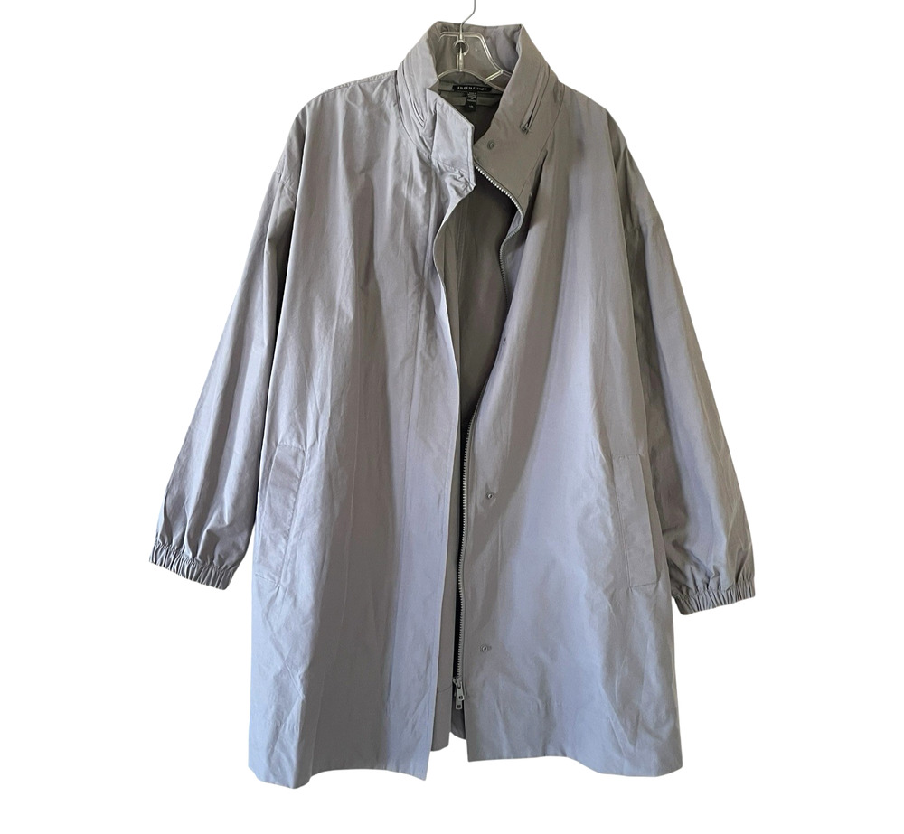 EILEEN FISHER Size Large Gray Organic Cotton Nylon Stand Collar Hood Long Jacket